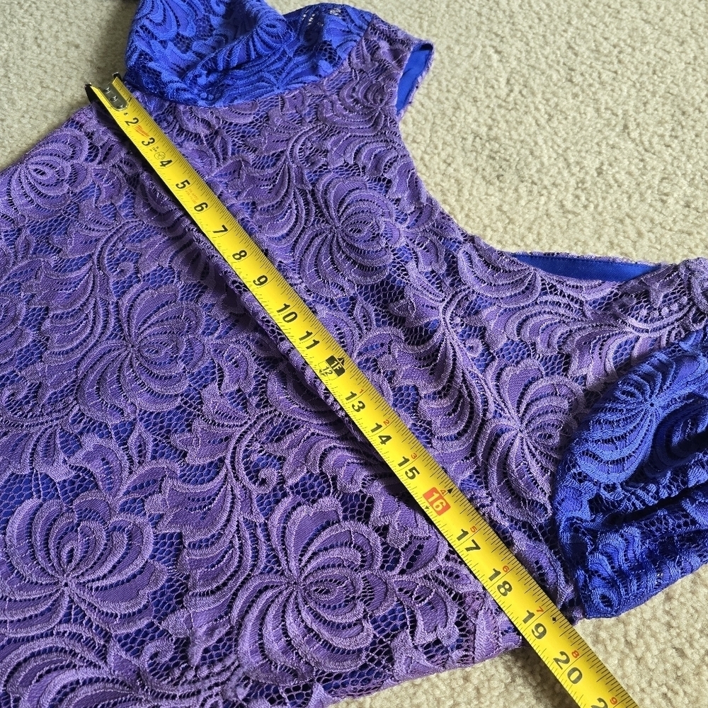 215. Fully Lined Purple Blue Lace Floral Elegant Dress - Picture 7 of 10